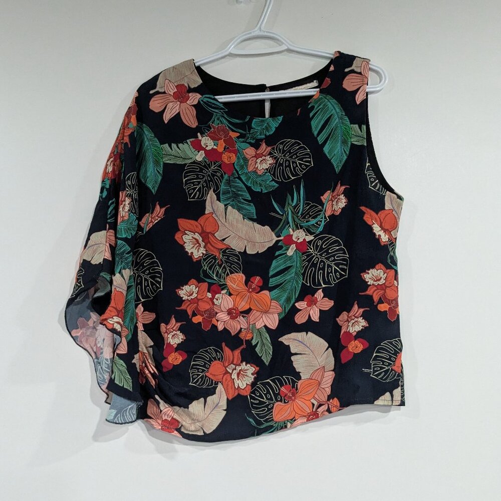 Gaudi Whenever Women Floral Asymmetric Blouse Navy Blue Coral Size 42 Size 10